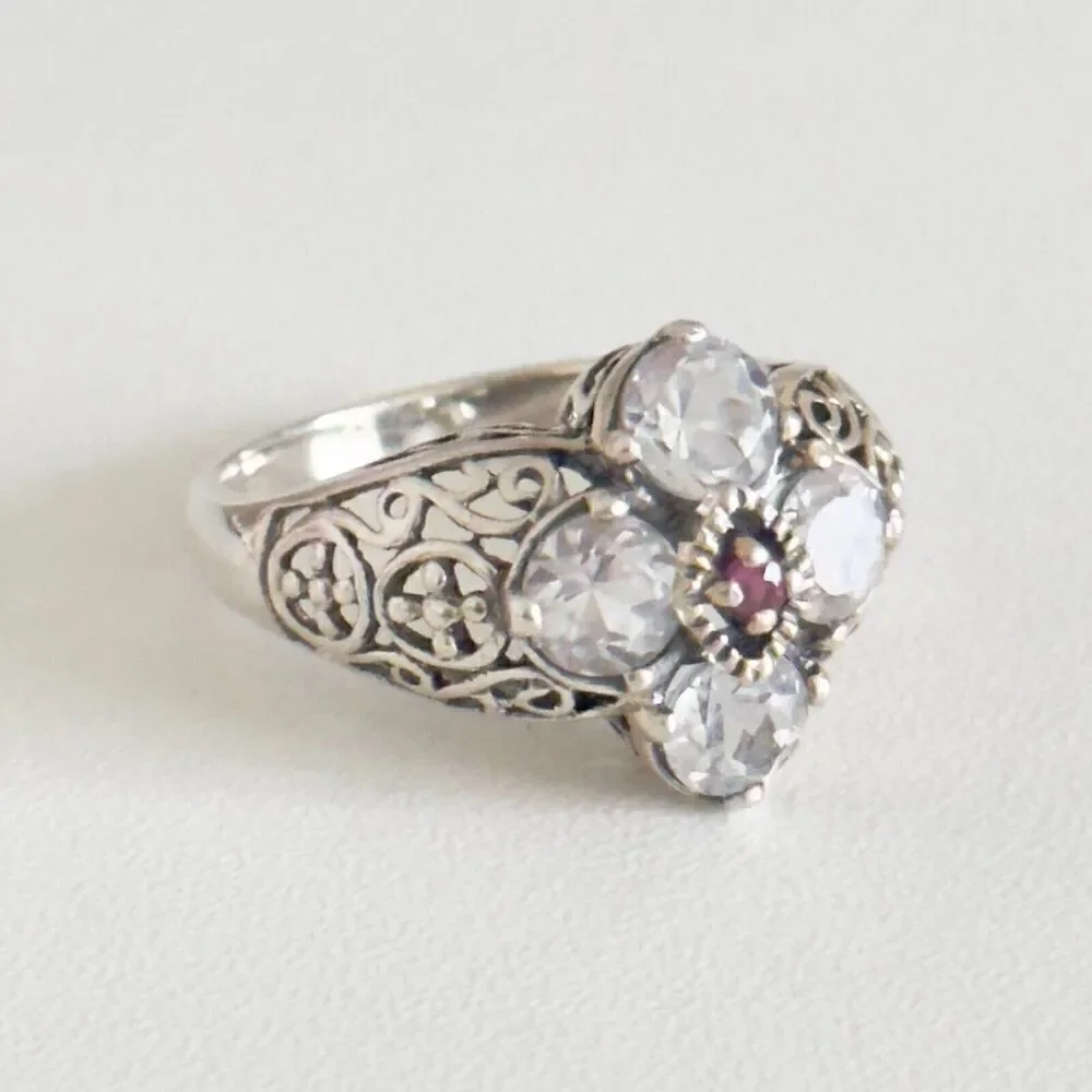 CNA Designer 925 Sterling Silver White Topaz & Ruby Filigree Flower Ring Size 8